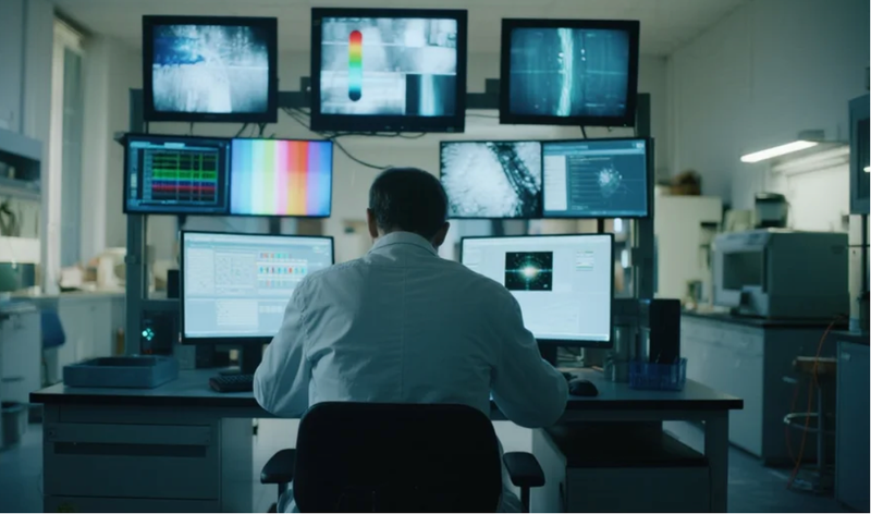 Monitor Process: Engineer observes sample and antenna status via monitor,...